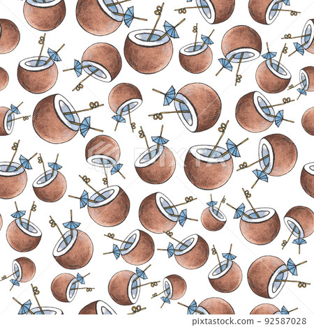 Seamless watercolor background of coconut cocktail with a straw. 92587028