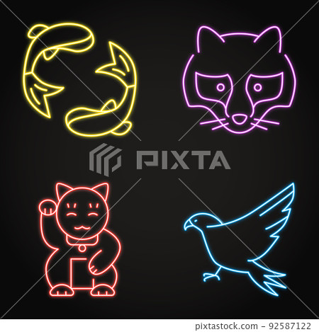 Japan traditional symbols neon icon set Japan traditional symbols neon icon set 92587122
