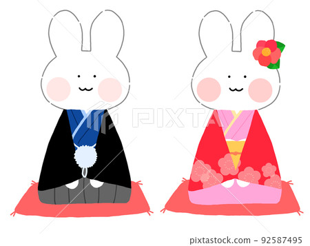 一隻兔子坐在和服的插圖 92587495