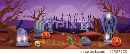 Halloween graveyard background, spooky holiday cemetery landscape, stone cross ancient graves. Halloween graveyard background, spooky holiday cemetery landscape, stone cross ancient graves. 92587578