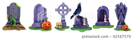 Halloween tombstone vector set, creepy gravestone cross, spooky cemetery grave, zombie hand crow. Halloween tombstone vector set, creepy gravestone cross, spooky cemetery grave, zombie hand crow. 92587579