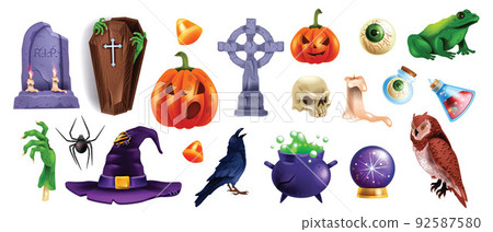 Halloween object sticker set, vector spooky party badge kit, stone tombstone, ancient cross, eye. Halloween object sticker set, vector spooky party badge kit, stone tombstone, ancient cross, eye. 92587580