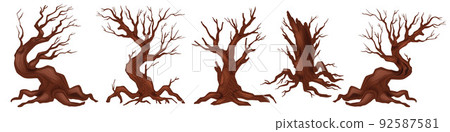 Dead tree vector set, spooky autumn bark, dry naked branch silhouette, scary halloween forest. Dead tree vector set, spooky autumn bark, dry naked branch silhouette, scary halloween forest. 92587581
