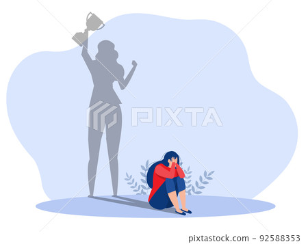 Imposter syndrome.shadow woman standing for her present profile take award with Anxiety and lack of self confidence at work; the person fakes is someone else concept 92588353