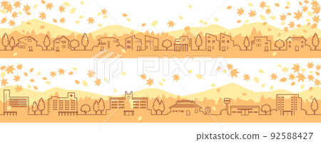 簡單可愛的秋季城市景觀圖（線描） 92588427