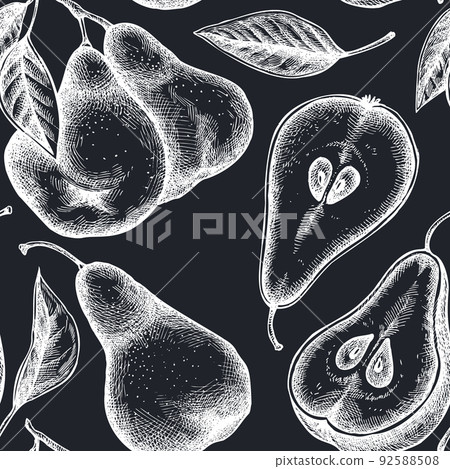 Fruits seamless pattern background design. Engraved style. Hand drawn pears. 92588508