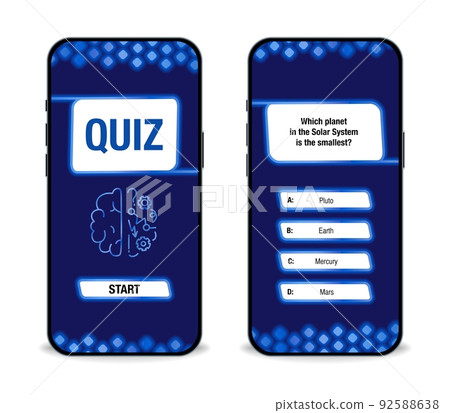 The template of the mobile application interface for the quiz on a dark blue background. Test, exam, questions and answers for a TV show. Vector illustration of EPS10 92588638