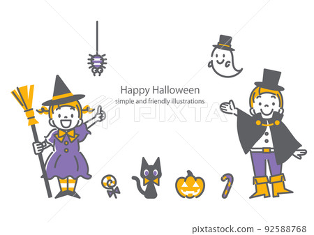 Fashionable and cute line drawing Halloween illustration set 92588768