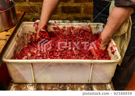 Handmade blood sausage preparation, Argentine tradition, Pampas, Patagonia Handmade blood sausage preparation, Argentine tradition, Pampas, Patagonia 92588939