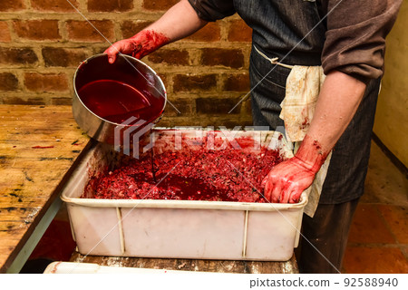 Handmade blood sausage preparation, Argentine tradition, Pampas, Patagonia 92588940