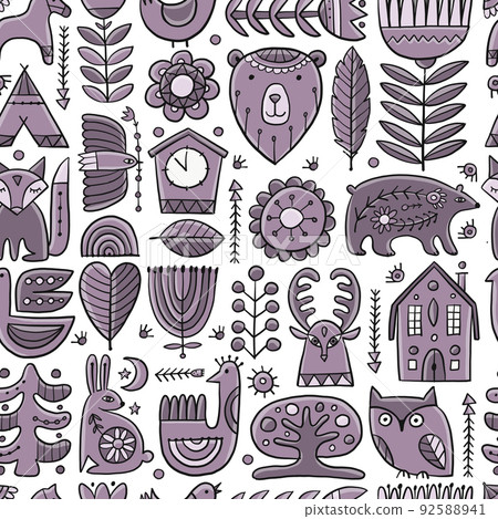 Nordic Ornament. Forest Animals, Folk Background. Seamless pattern for your design 92588941