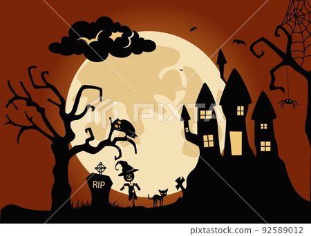 Halloween background with haunted house in the full moon 92589012