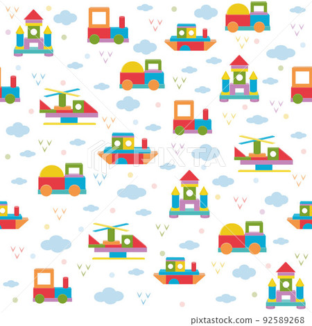 Transport pattern made of colored wooden cubes, vector isolated illustration in flat style Transport pattern made of colored wooden cubes, vector isolated illustration in flat style 92589268