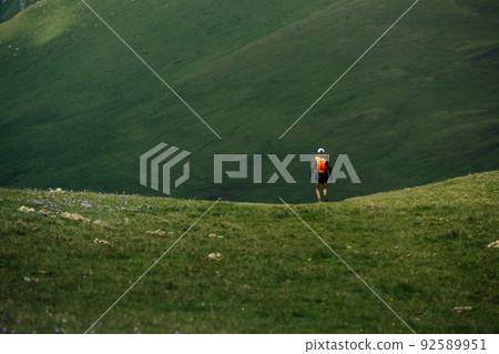 male trail runner running mountain meadow male trail runner running mountain meadow 92589951