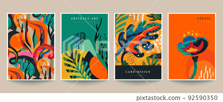Set of four vector pre-made cards or posters in modern abstract style with nature motifs, flowers, leaves and hand drawn texture. 92590350