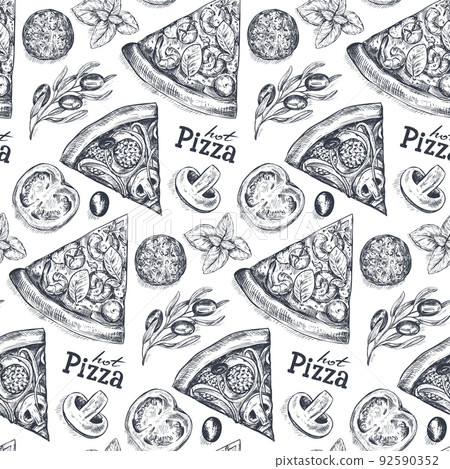 Vector seamless pattern with hand drawn vector pizza slices and ingredients in sketch style. Traditional Italian food. 92590352