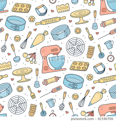 Seamless pattern with tools for making cakes, cookies and pastries. Doodle confectionery tools - stationary dough mixer, baking pans and pastry bag. Hand drawn vector illustration on white background Seamless pattern with tools for making cakes, cookies and pastries. Doodle confectionery tools - stationary dough mixer, baking pans and pastry bag. Hand drawn vector illustration on white background 92590700
