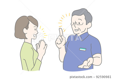 Image illustration of a male clerk and a smiling female customer who respond kindly and politely Image illustration of a male clerk and a smiling female customer who respond kindly and politely 92590981