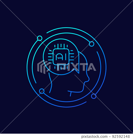 AI technology icon with chip and head, line vector 92592148