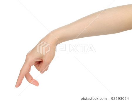 Woman hand shows finger walking, on white background Woman hand shows finger walking, on white background 92593054