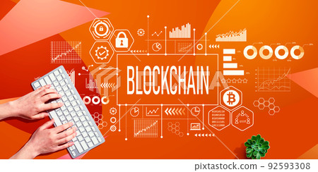 Blockchain theme with person using computer keyboard 92593308