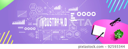 Industry 4.0 theme with notebook and pen Industry 4.0 theme with notebook and pen 92593344