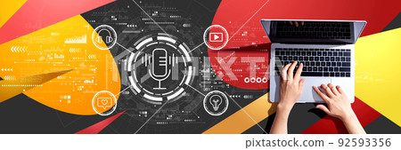Podcast theme with person using a laptop Podcast theme with person using a laptop 92593356