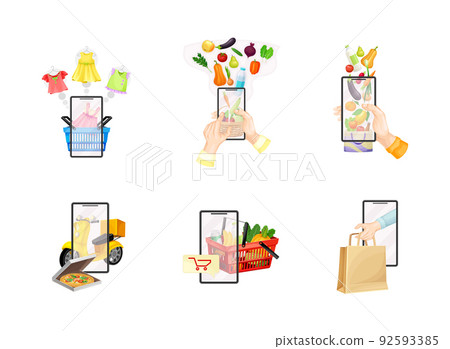 Mobile online shopping set. People ordering food, groceries and clothes in online shop vector illustration Mobile online shopping set. People ordering food, groceries and clothes in online shop vector illustration 92593385