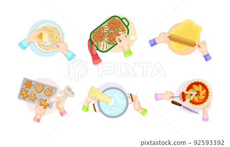 Top view of hands cooking tasty dishes set. Hands cooking pasta, rolling dough, glazing cookies vector illustration 92593392