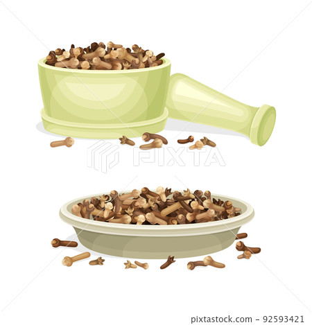 Pile of Dried Clove Aromatic Spice Rested in Mortar and Plate Vector Set Pile of Dried Clove Aromatic Spice Rested in Mortar and Plate Vector Set 92593421