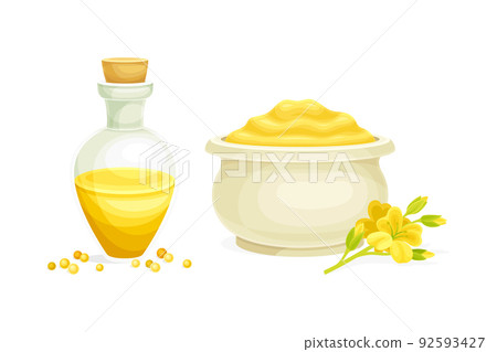 Mustard Yellow Oil Poured in Glass Corked Jar and Paste with Flower Blossom Vector Set 92593427