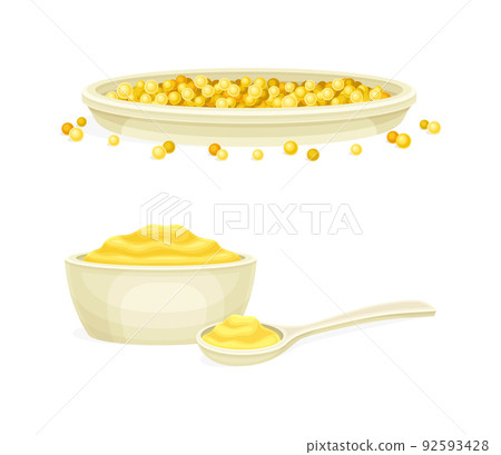 Mustard Yellow Seeds Piled in Bowl and Cooked Paste or Sauce Vector Set 92593428