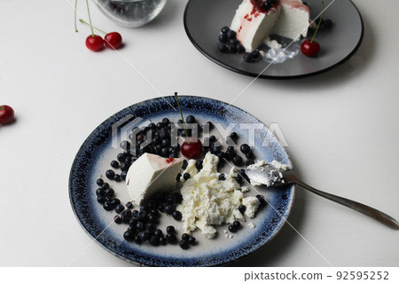 Dessert with seasonal blueberry berries. Cottage cheese with blueberries. Seasonal dessert summer vitamins proper nutrition . Homemade cottage cheese dishes. Protein 92595252
