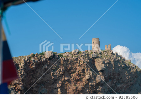 Crimea bay flying fortress cembalo balaklava balaclava mountain port sea, for sky summer from sevastopol from harbor city, europe beach. Embankment russia sun, 92595506