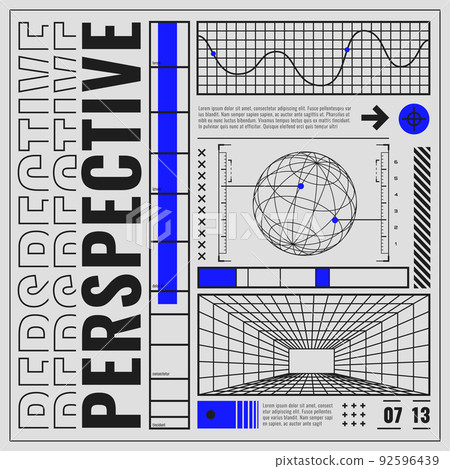 Abstract banner with wireframe 3D figures. Posters with HUD elements, perspective grid, futuristic design elements, chart and model of planet. Retro cyberpunk style Abstract banner with wireframe 3D figures. Posters with HUD elements, perspective grid, futuristic design elements, chart and model of planet. Retro cyberpunk style 92596439