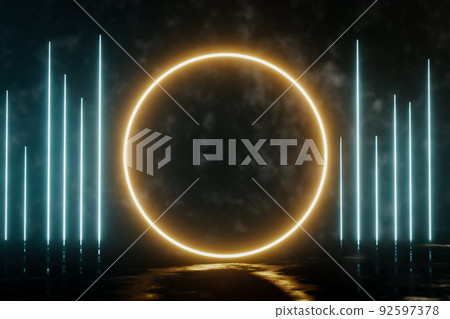 3d render abstract light blue and yellow neon background with copy space for text or message. 3d render abstract light blue and yellow neon background with copy space for text or message. 92597378