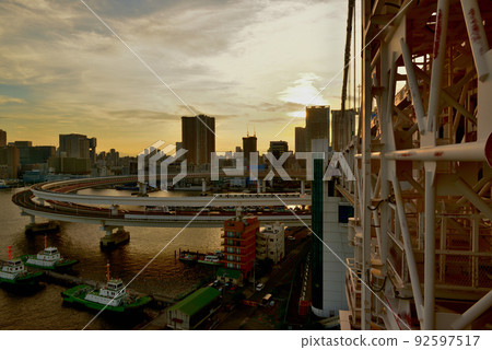 Evening view of Rainbow Bridge, Shibaura Loop Bridge and Shinagawa Wharf seen from Rainbow Bridge Evening view of Rainbow Bridge, Shibaura Loop Bridge and Shinagawa Wharf seen from Rainbow Bridge 92597517