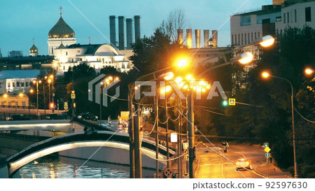 Serebryanicheskaya Embankment in the city centre of Moscow in the evening, Russia Serebryanicheskaya Embankment in the city centre of Moscow in the evening, Russia 92597630