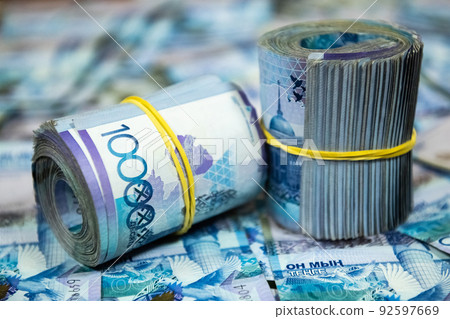 Thick wad of money cash on table. High quality photo 92597669