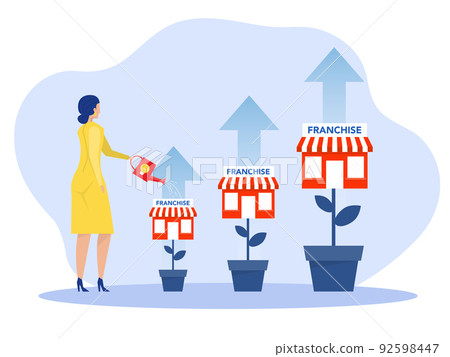 woman water growth plants with Real estate business Franchise shop business SME Flat vector illustration. woman water growth plants with Real estate business Franchise shop business SME Flat vector illustration. 92598447