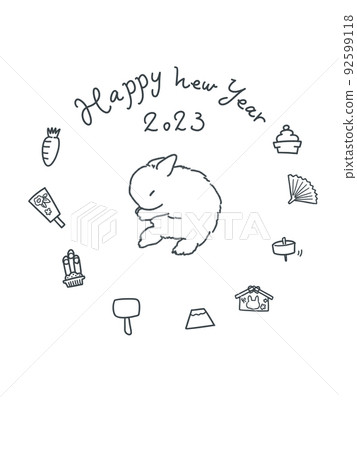 簡單的兔子和新年素材圖標（黑白、圓形） 92599118