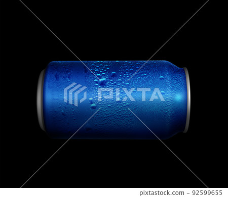 Concept of thirst and quenching thirst. Blue metal can with cola or beer. Drops of condensation on the surface 92599655