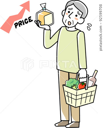老人手裡拿著購物車,飽受食品價格上漲之苦 老人手裡拿著購物車,飽受食品價格上漲之苦 92599708