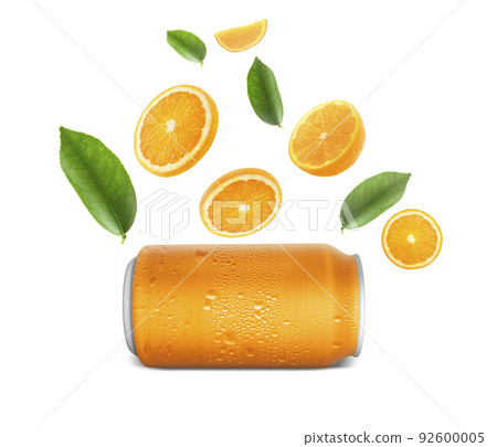 Aluminum orange soda can and falling juicy oranges with green leaves isolated on background. Flying defocusing slices of oranges. Applicable for fruit juice advertising Aluminum orange soda can and falling juicy oranges with green leaves isolated on background. Flying defocusing slices of oranges. Applicable for fruit juice advertising 92600005