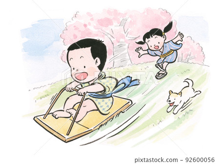 水彩：櫻花和孩子們 92600056