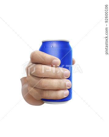 Man holding aluminum can with water droplets isolated on white background 92600106