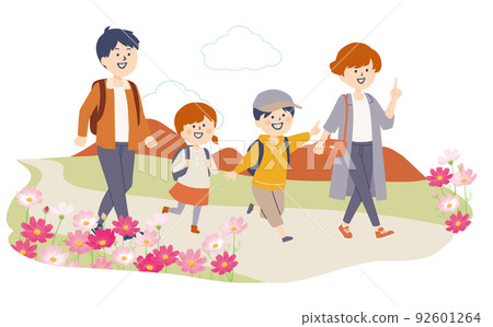Illustration of a family walking in a cosmos field 92601264