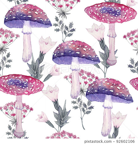 Watercolor hand drawn seamless pattern with amanita mushroom purple witch forest herbs, leaves. Spooky horror witchcraft Halloween background. Wood mystic print. 92602106