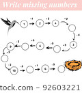 Mathematics educational game for children. Complete the row, write missing numbers. Solve the equation and help grey bird find nest. Math activity for preschool kids and toddlers. 92603221