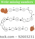 Mathematics educational game for children. Complete the row, write missing numbers. Solve the equation and help squirrel find pinecone. Math activity for preschool kids and toddlers. 92603231